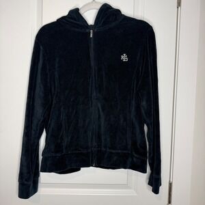 Lauren Ralph Lauren Womens Velour Zip Hoodie Jacket Navy RL Logo Size L